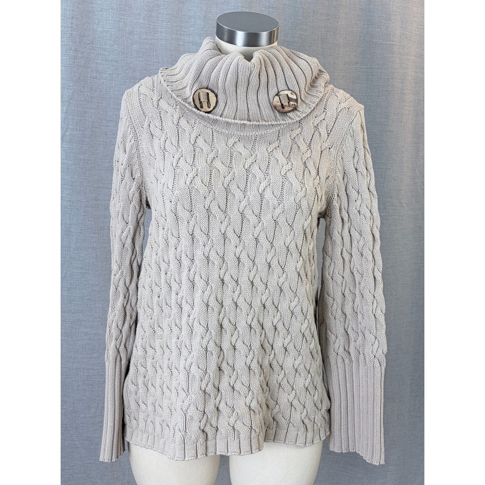 White + Warren Cable Knit‎ 100% Cotton Sweater Cowl Neck Button Casual Cozy